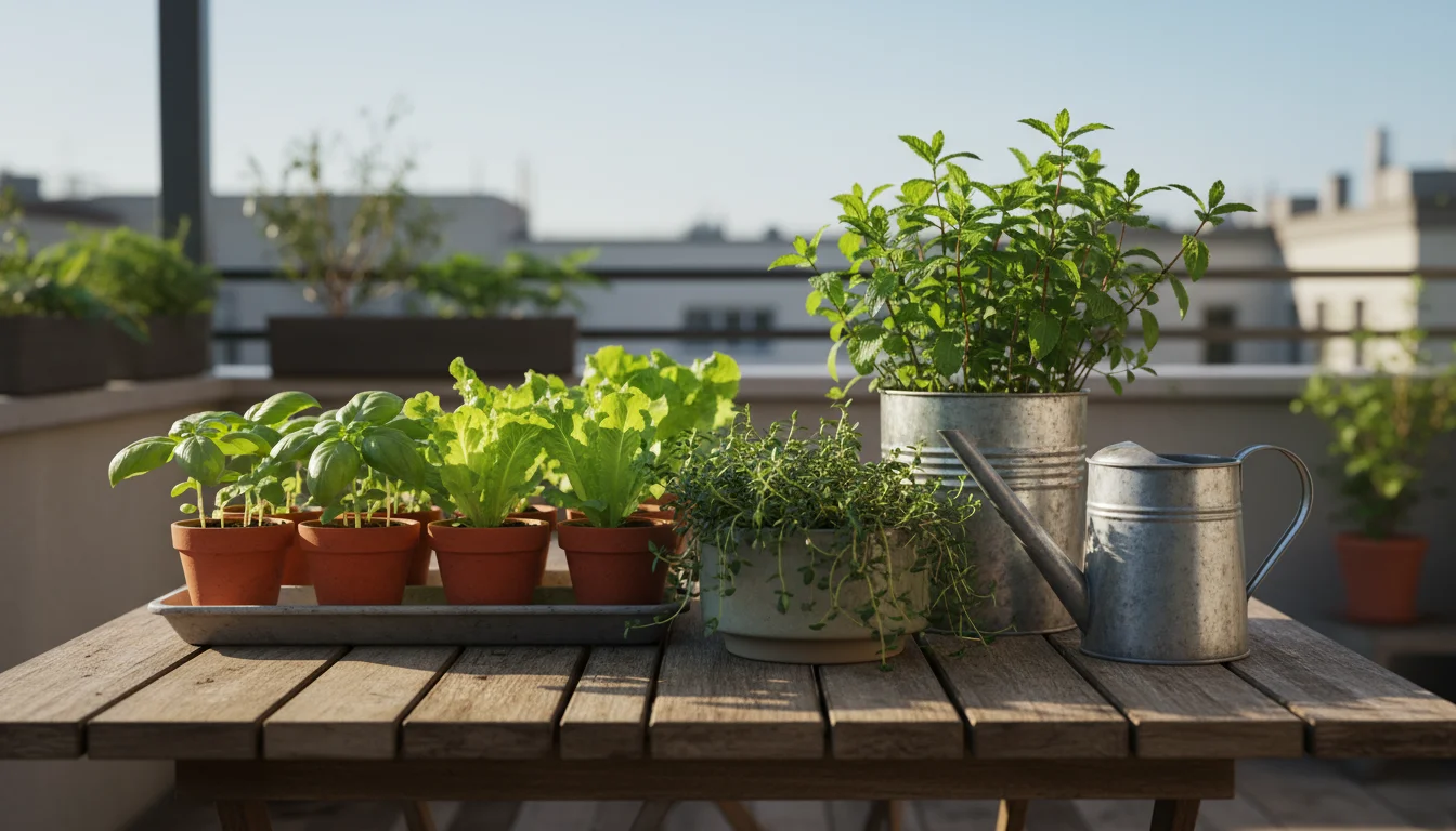 A vibrant collection of newly planted basil, lettuce, mint, and thyme in various pots on a sun-dappled patio table.