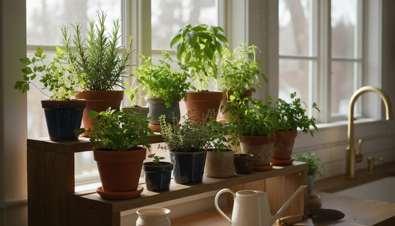 A vibrant collection of potted herbs like rosemary, thyme, and parsley on a wooden stand by a sunlit kitchen window, next to a cutting board.