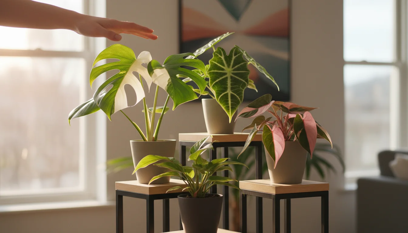 A vibrant collection of rare houseplants including variegated Monstera, Alocasia 'Frydek', and Philodendron 'Pink Princess' on a modern plant stand on