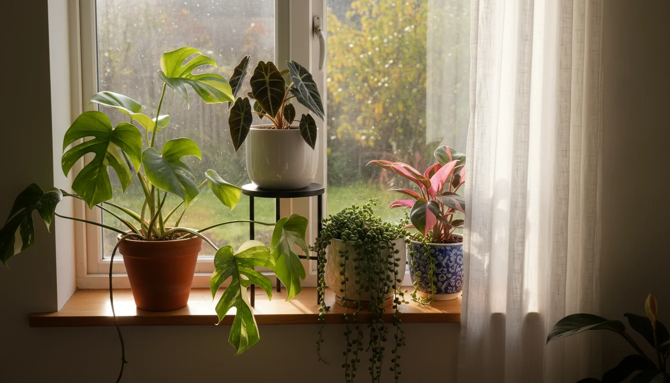 A vibrant collection of rare houseplants thriving in an East-facing window, with gentle morning light filtering in. Plants are in various pots on a si