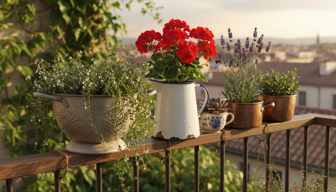 A vibrant collection of upcycled kitchen items like a colander, enamel pitcher, teacup, and tin can overflowing with plants on a sunny balcony railing