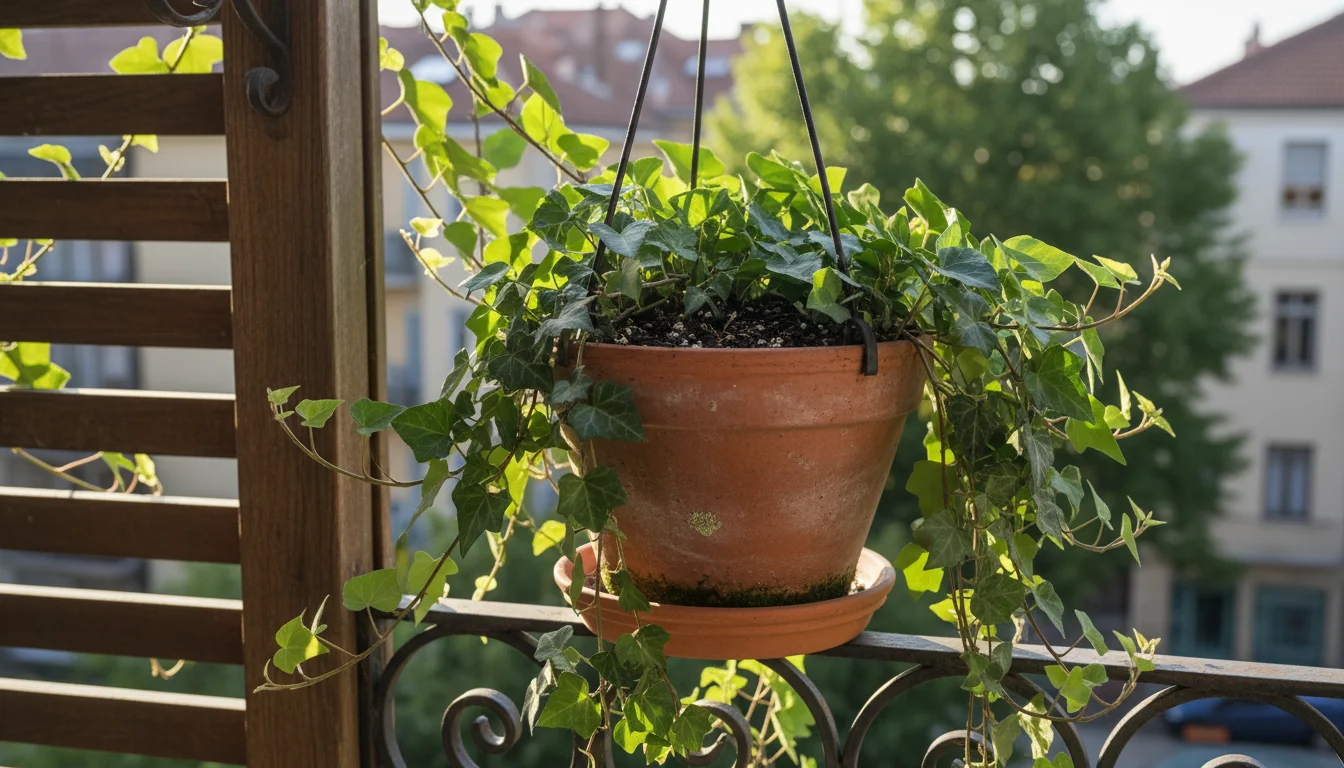 Vibrant common ivy cascades from a terracotta hanging pot on an urban balcony, bathed in bright, indirect light, showing subtle air movement.