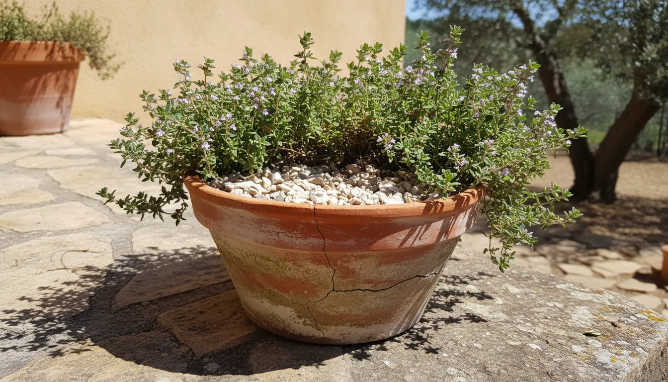 Vibrant common thyme in a terracotta pot with gravel mulch, thriving under intense sun on a weathered stone patio.
