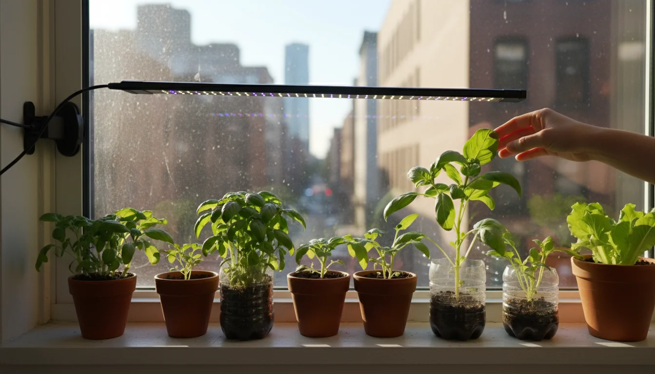 Vibrant, compact vegetable seedlings in small pots on a sunny urban windowsill, thriving under an LED grow light. A hand checks soil moisture.
