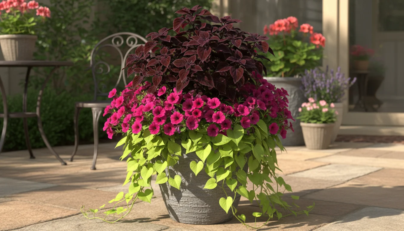 Vibrant container garden with a dark coleus (thriller), fuchsia petunias (filler), and chartreuse sweet potato vine (spiller) on a patio.