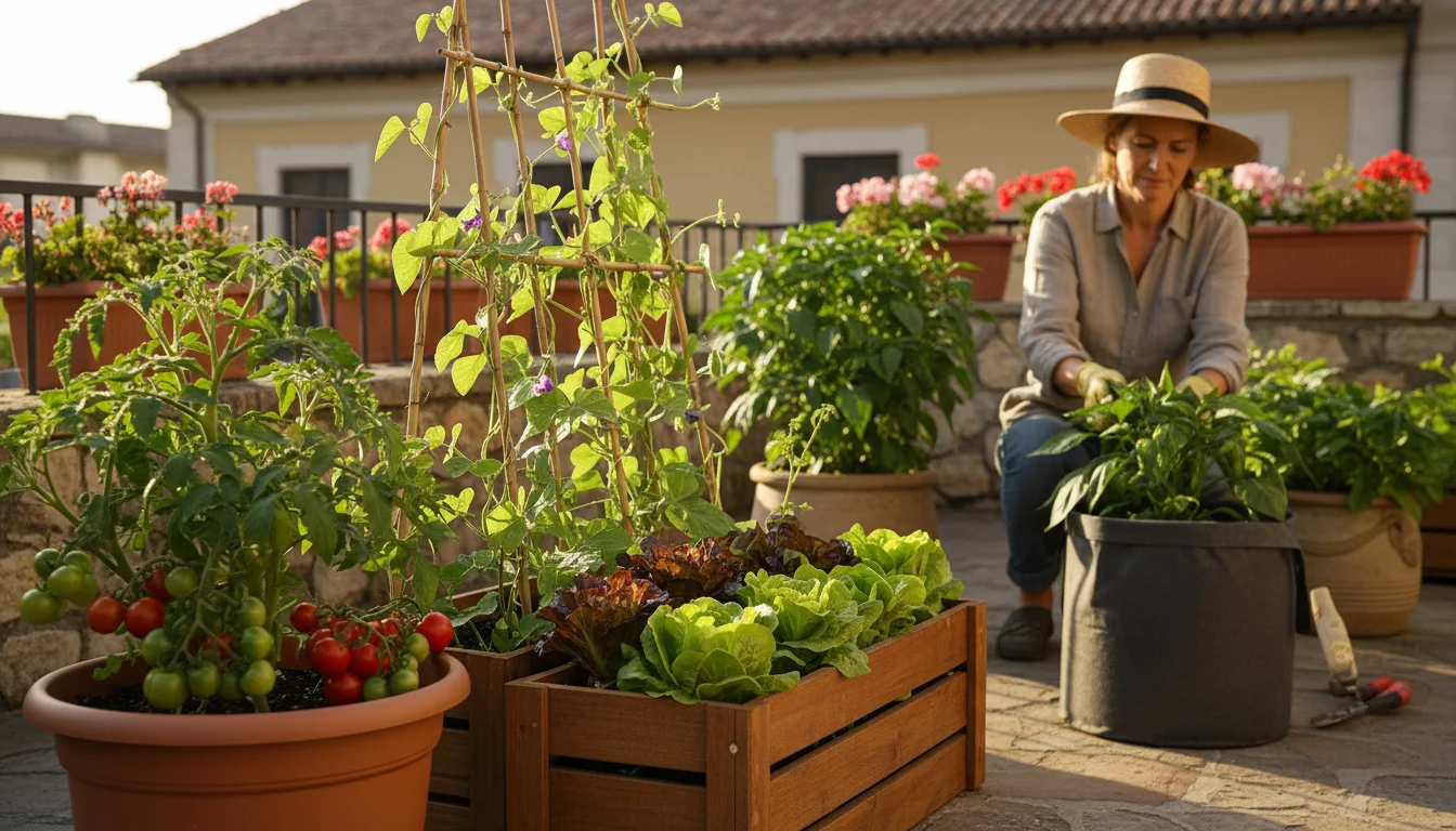 A vibrant container garden on a patio featuring healthy tomatoes, lettuce, and beans, with a person enjoying the plants in the background.