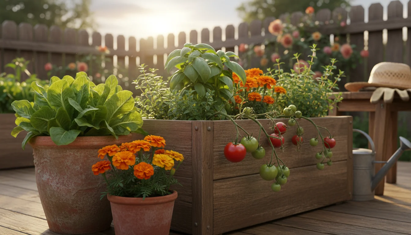 Vibrant container garden on a patio featuring leafy greens, marigolds, cascading nasturtiums, and flowering basil with a bumblebee.