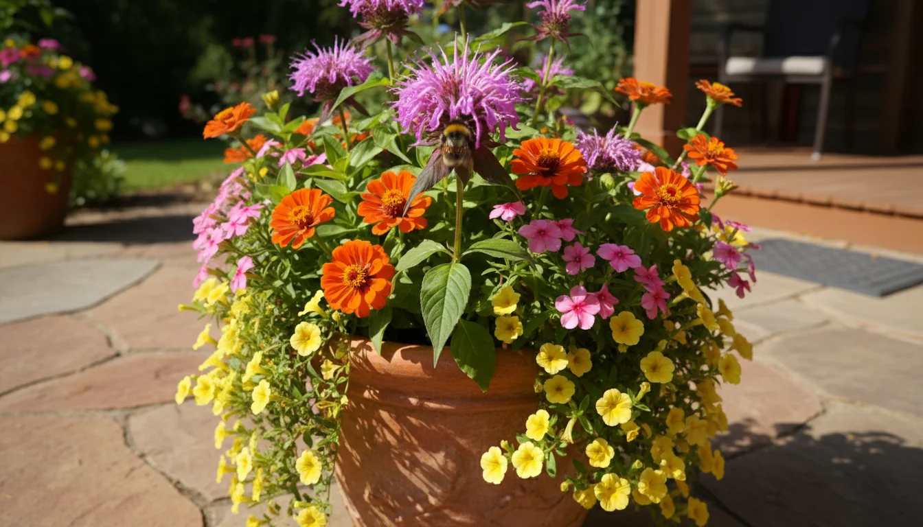 Vibrant container garden with purple bee balm, orange zinnias, pink pentas, and yellow calibrachoa, with a bumblebee on a flower.