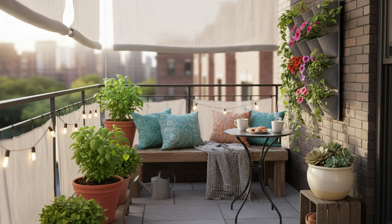 Vibrant container garden on a small balcony featuring healthy herbs, succulents, and flowering plants in various pots, with a soil moisture meter visi
