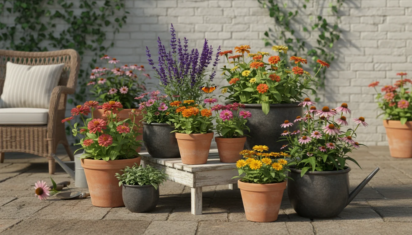 Vibrant container garden on a small patio with blooming Zinnias, Salvia, and Coneflowers in terracotta and ceramic pots, visited by a butterfly.