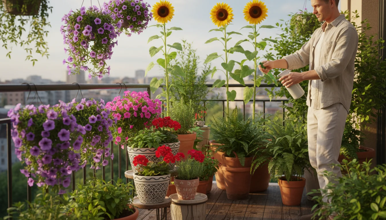Vibrant container garden on a sunny balcony with lush flowers, herbs, and a person misting plants.