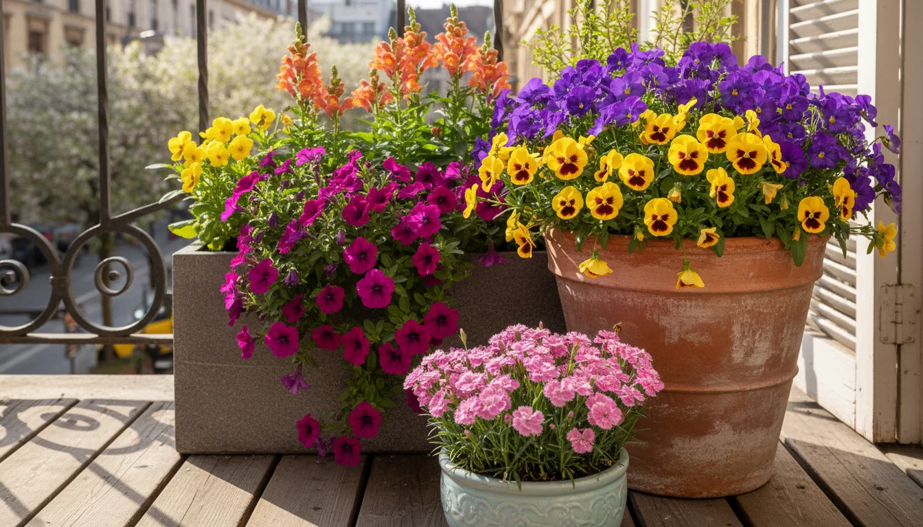 Vibrant container garden on a sunny balcony, featuring purple pansies, fuchsia petunias, orange snapdragons, and pink dianthus.