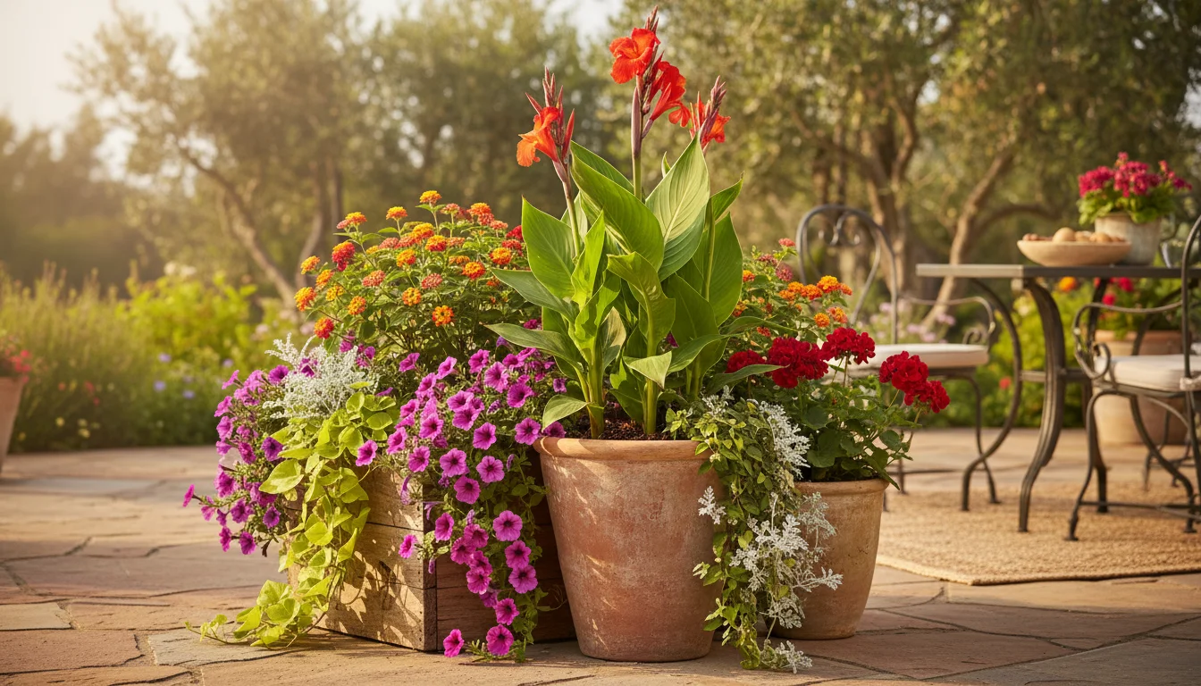Vibrant container garden on a sunny patio, featuring orange Canna lily, purple calibrachoa, lime green coleus, and purple fountain grass.