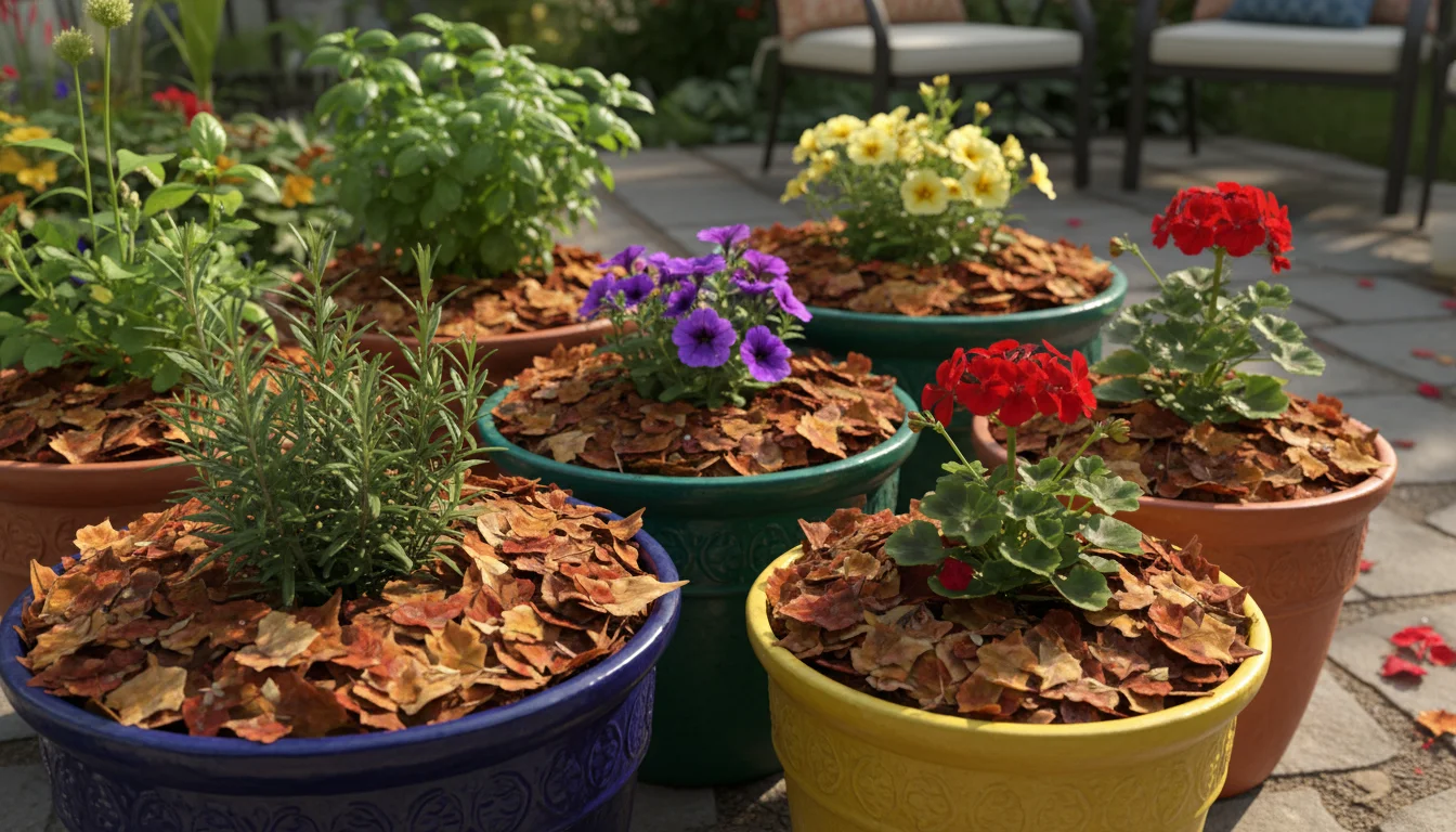Vibrant container garden on a sunny patio with terracotta and glazed pots. Soil in pots is covered with shredded leaf mulch. Healthy plants.