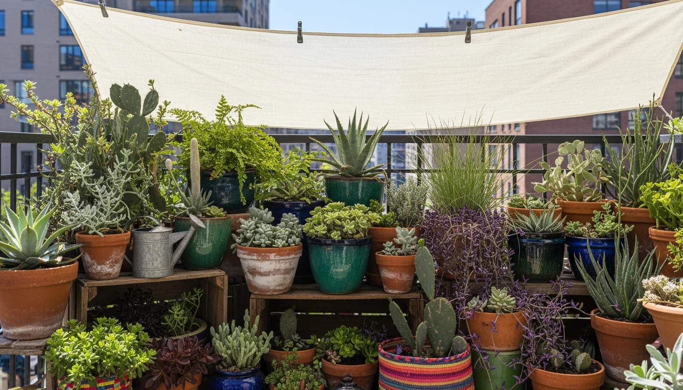 Vibrant container garden on a sunny urban balcony, with grouped pots and a subtle shade cloth demonstrating small-space climate resilience strategies.