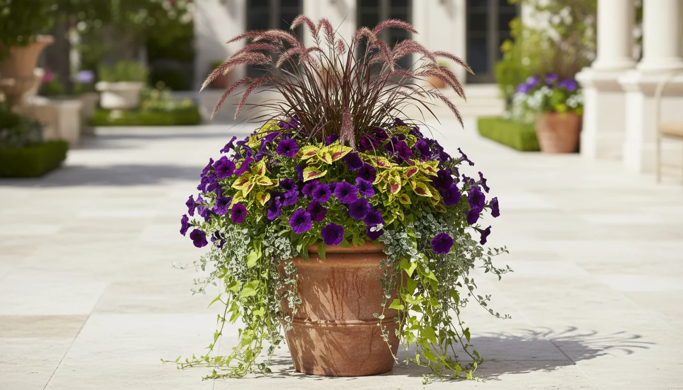 A vibrant container garden featuring tall purple ornamental fountain grass, mounding petunias and coleus, and trailing sweet potato vine in a terracot