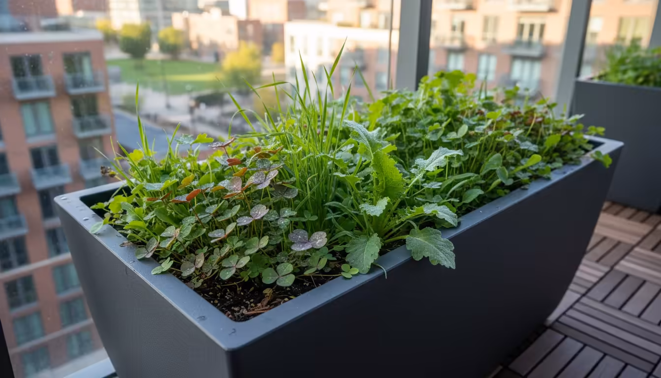 Vibrant container with a lush mix of young crimson clover, winter rye, and oilseed radish cover crops thriving on an urban balcony.