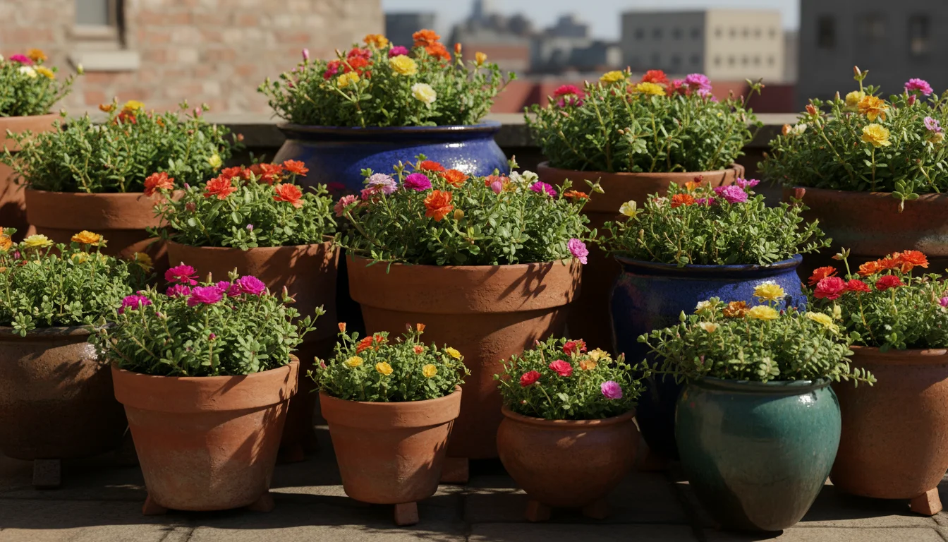 Vibrant container plants, including sedum and portulaca, grouped closely on a warm urban patio, elevated by pot feet for air circulation.