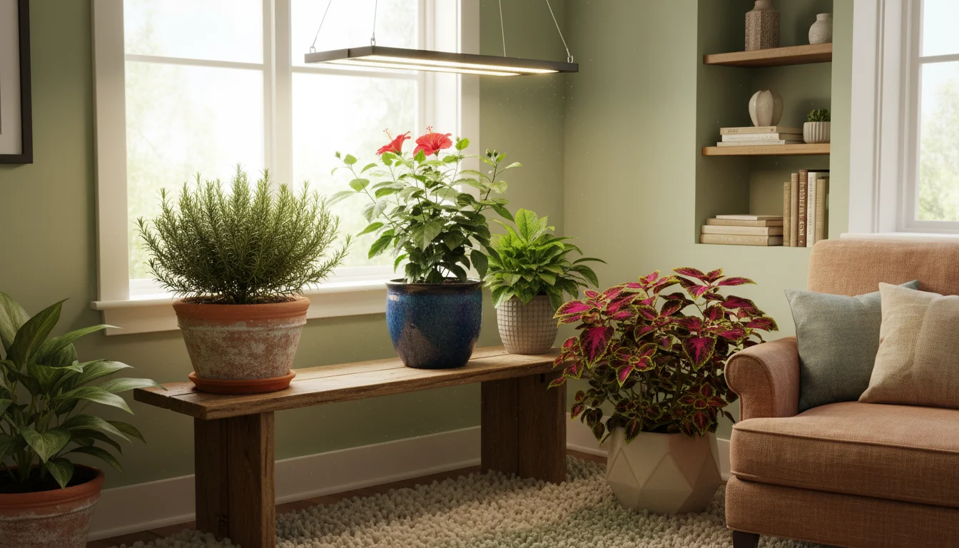 Vibrant container plants like hibiscus and rosemary thriving under a modern LED grow light near a bright window, with a humidifier, in a cozy indoor s