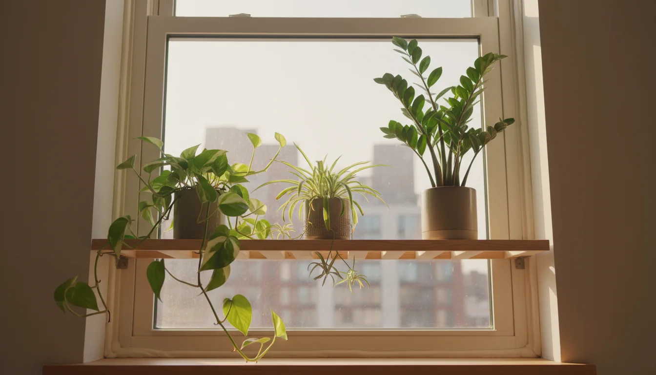 Vibrant container plants thriving on a minimalist wooden shelf in front of a recently sealed apartment window, bathed in morning light.