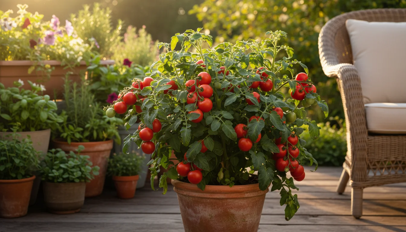 Vibrant container tomato plant on a sunlit patio, heavily laden with ripe red tomatoes, showcasing robust health and abundant yield.