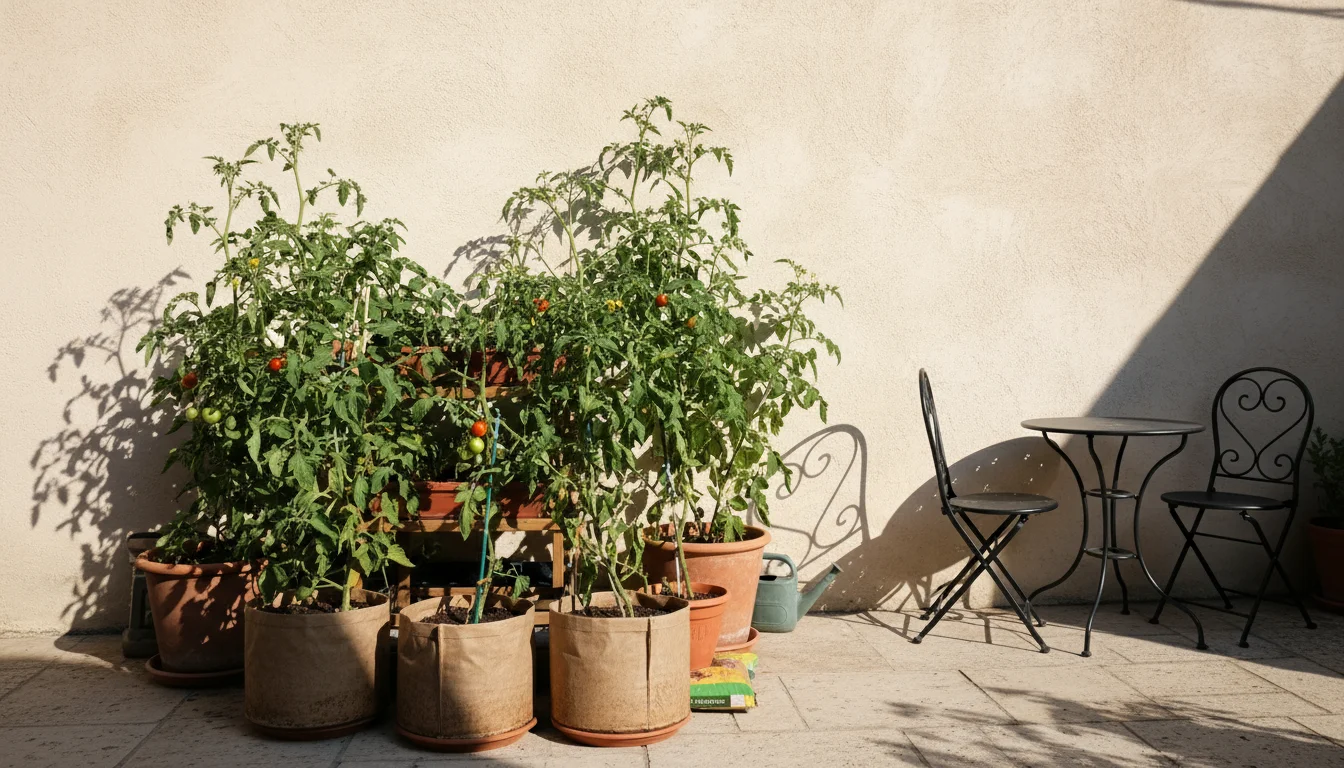 Vibrant container tomatoes basking in direct sun against a light-colored wall on a patio, contrasting with a nearby shaded corner.