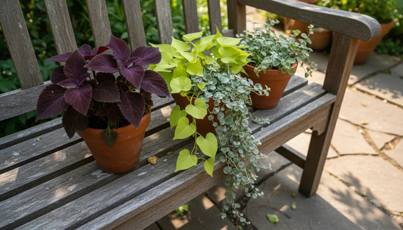 Close-up of a vibrant container trio: dark purple coleus, chartreuse sweet potato vine, silver Senecio, and pink calibrachoa on a patio bench, showcas
