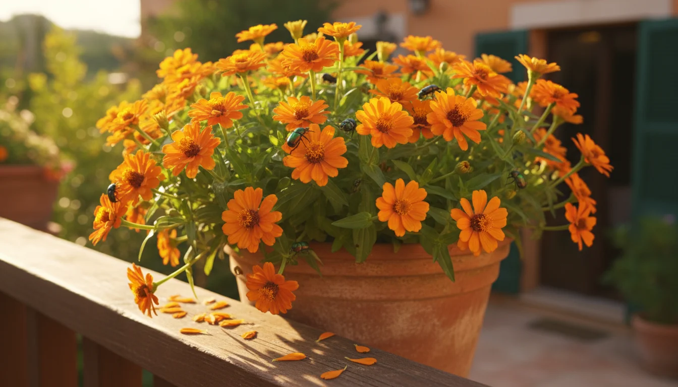 Vibrant container zinnia or marigold plant on a sunny patio, bursting with fresh blooms, with a few subtle spent flowers visible.