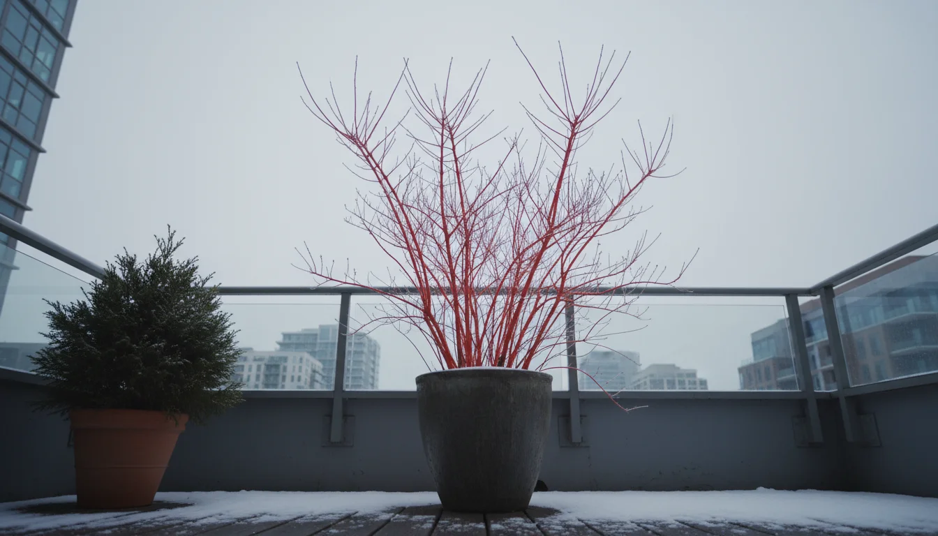 Vibrant coral-red stemmed shrub in a charcoal gray pot on a snow-dusted urban balcony, next to a small evergreen.