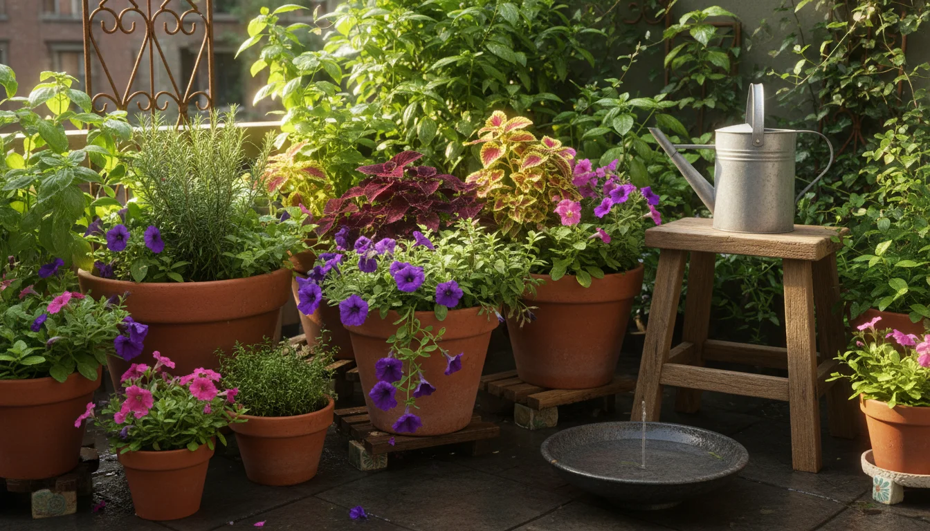 A vibrant corner of a small urban patio after rain, featuring various container plants elevated on pot stands with visible space for airflow.