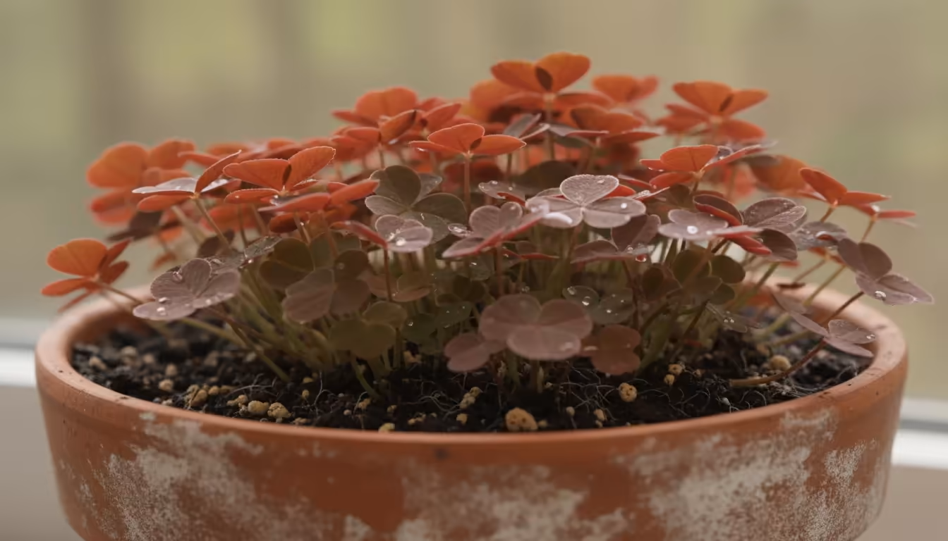 Close-up of vibrant crimson clover cover crops thriving in a weathered terracotta pot, with rich, dark potting mix visible.