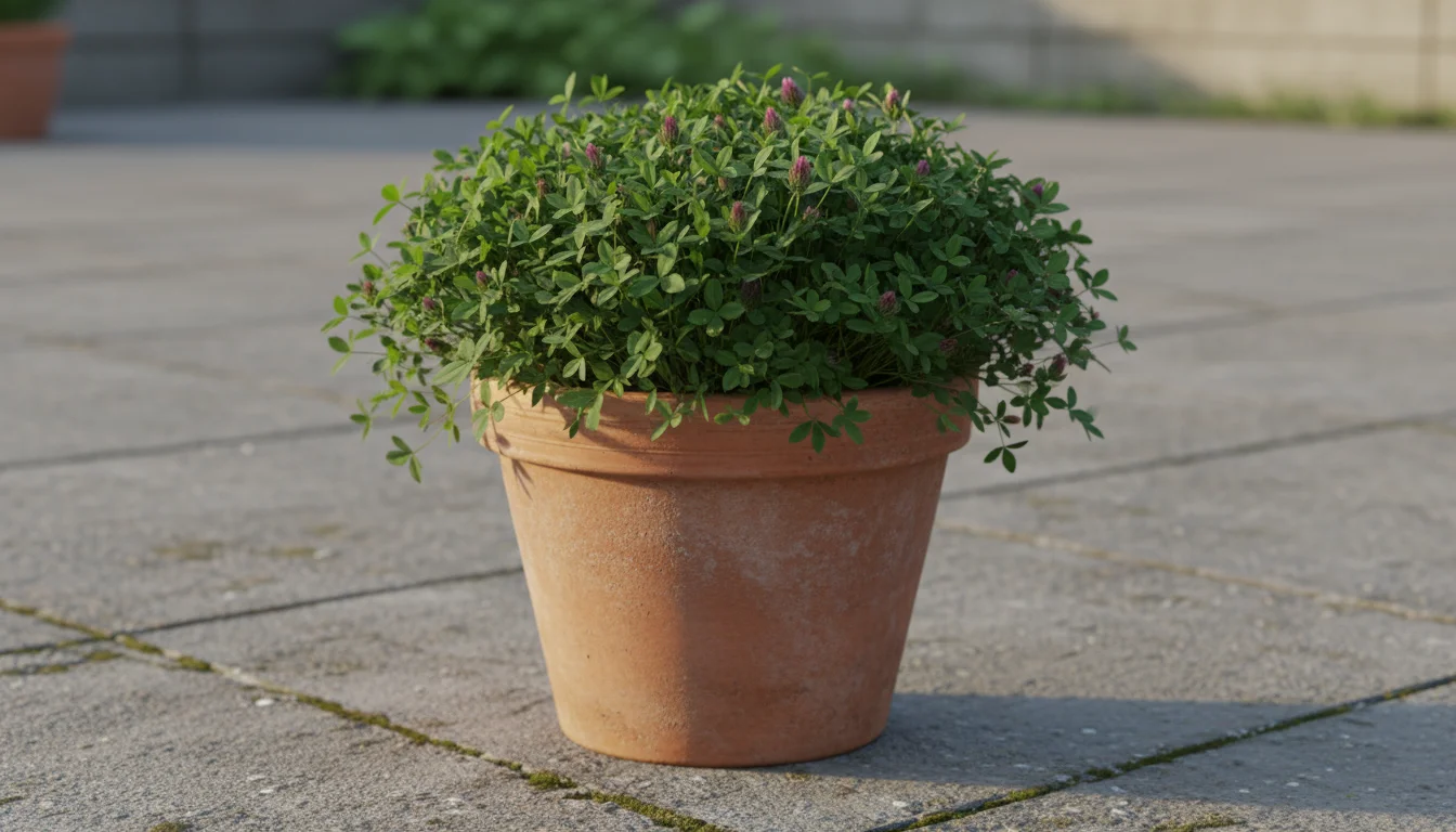 Vibrant crimson clover with small red flower buds growing densely in a terracotta pot on a gray patio.