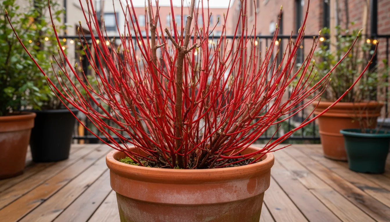 Vibrant crimson-red new stems of a red-twig dogwood contrast with duller, older stems in a terracotta pot on an urban balcony.