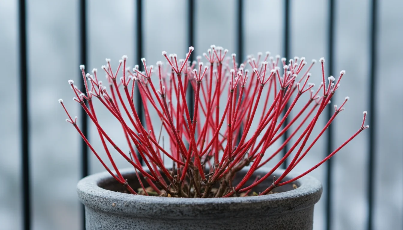 Vibrant crimson stems of a compact Arctic Fire® Red Dogwood in a dark grey pot, with delicate frost, on a winter balcony.