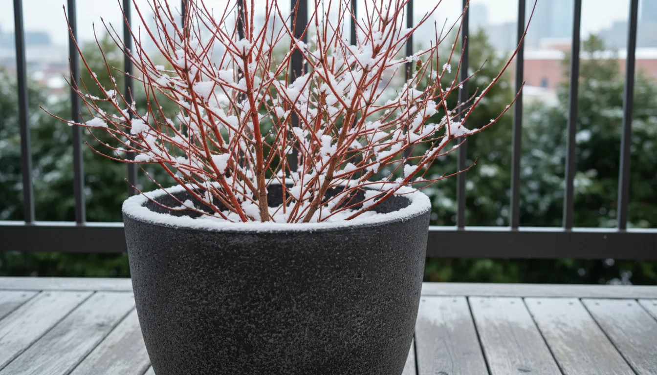 Vibrant crimson stems of a Red Twig Dogwood in a dark planter, lightly dusted with snow on an urban balcony.