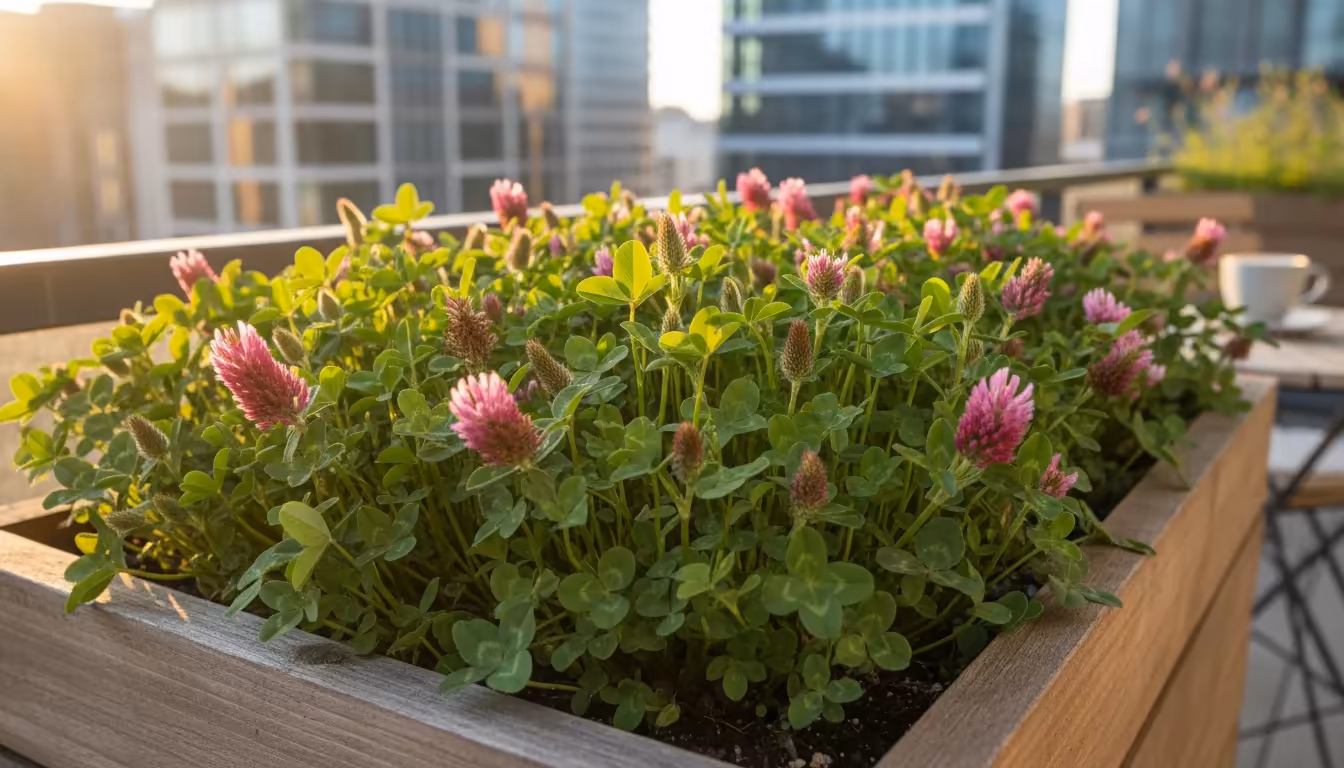 Vibrant, dense crimson clover thriving in a rectangular balcony planter box on a sunlit patio, emphasizing healthy soil.