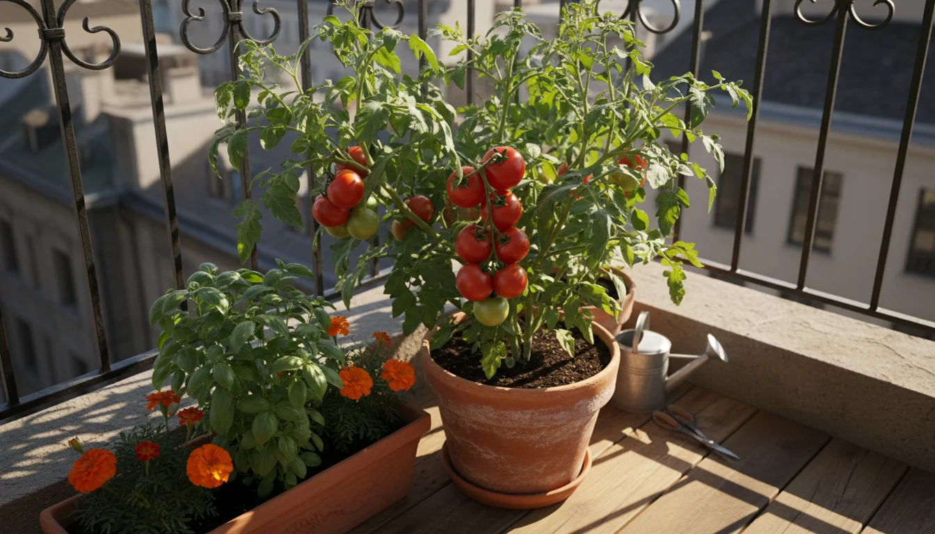 Vibrant determinate tomato plant, basil, and bright orange marigolds thriving in sun-drenched balcony containers.