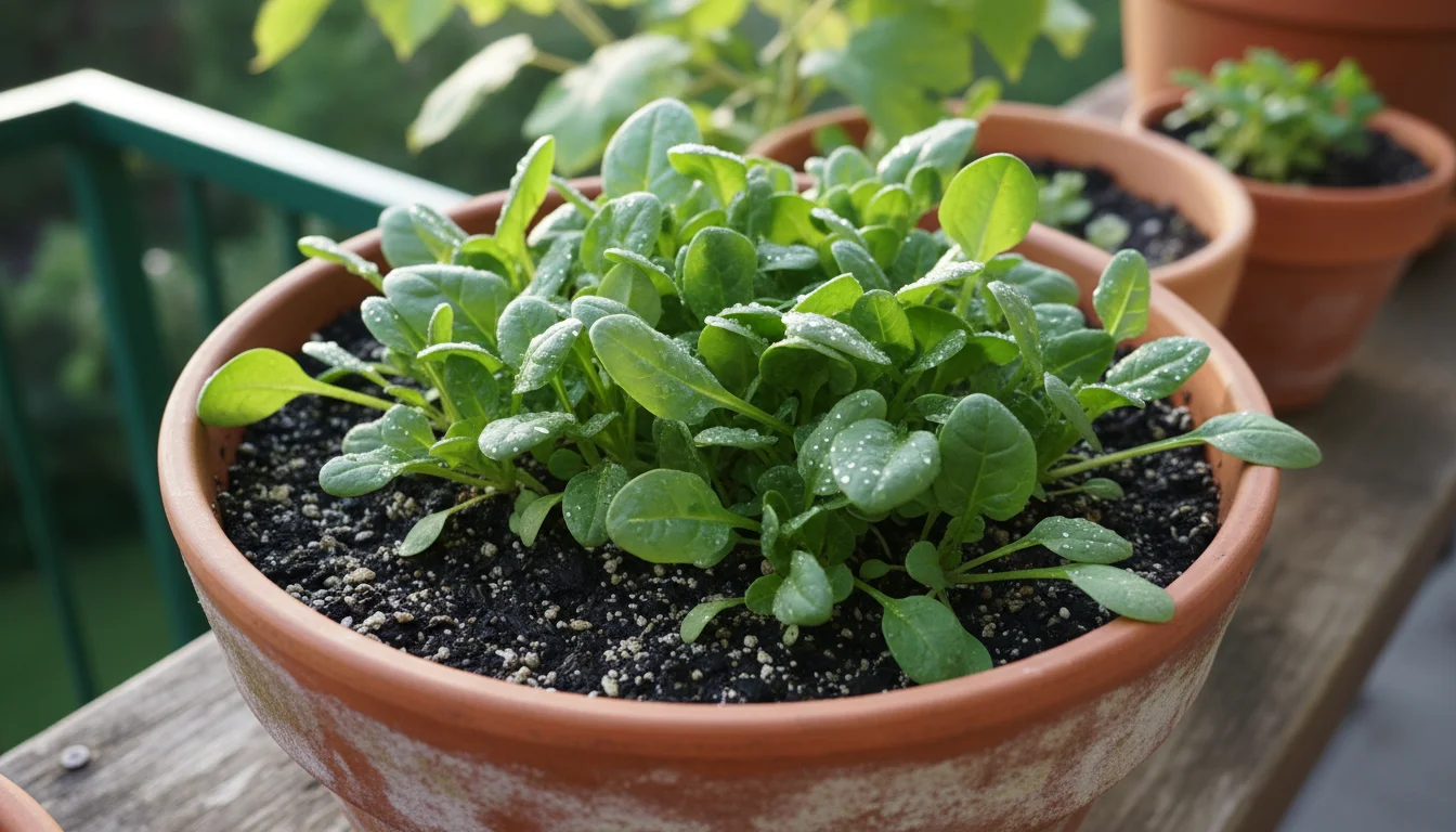 Vibrant, dew-kissed baby spinach thrives in a terracotta pot on a balcony railing. Moist soil with subtle, sparkling vermiculite flakes is visible.
