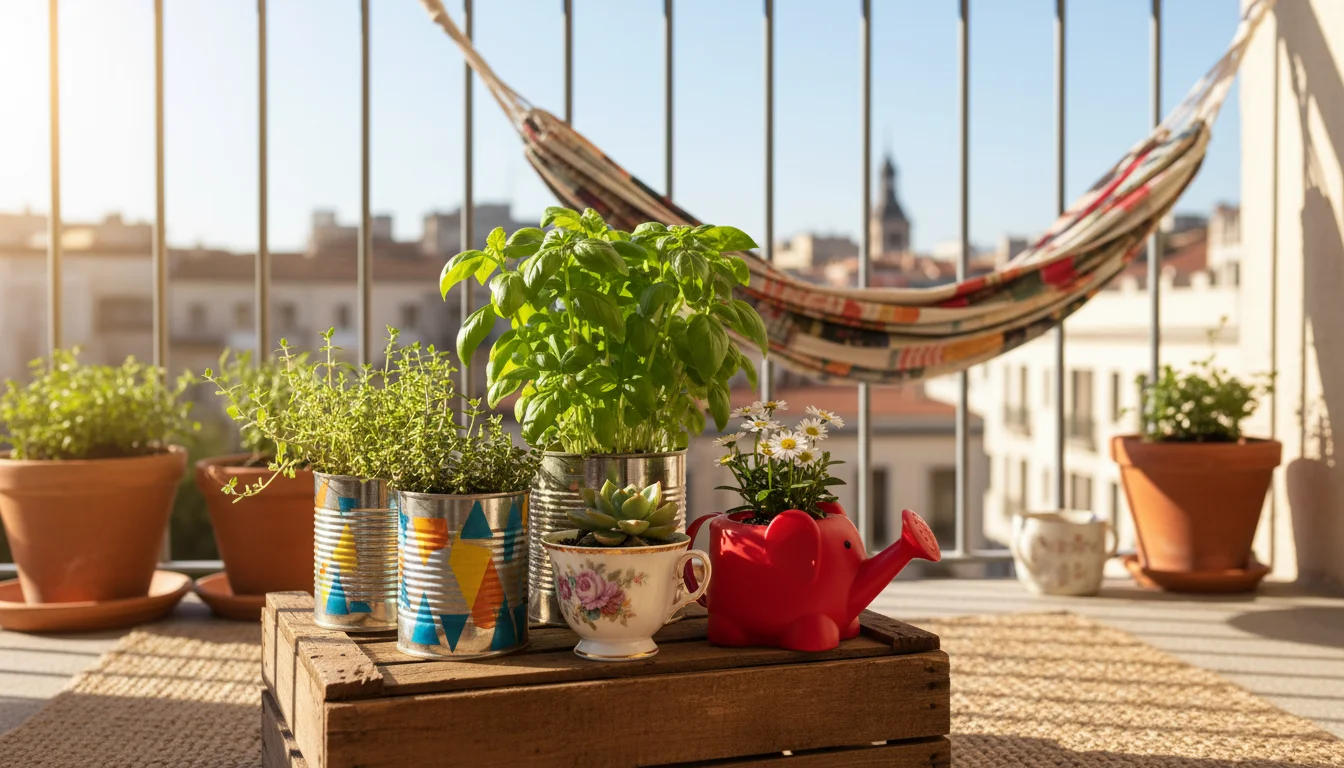 Vibrant display of upcycled herb planters (painted tin cans, teacup, watering can) on a small urban balcony, admired by a person.