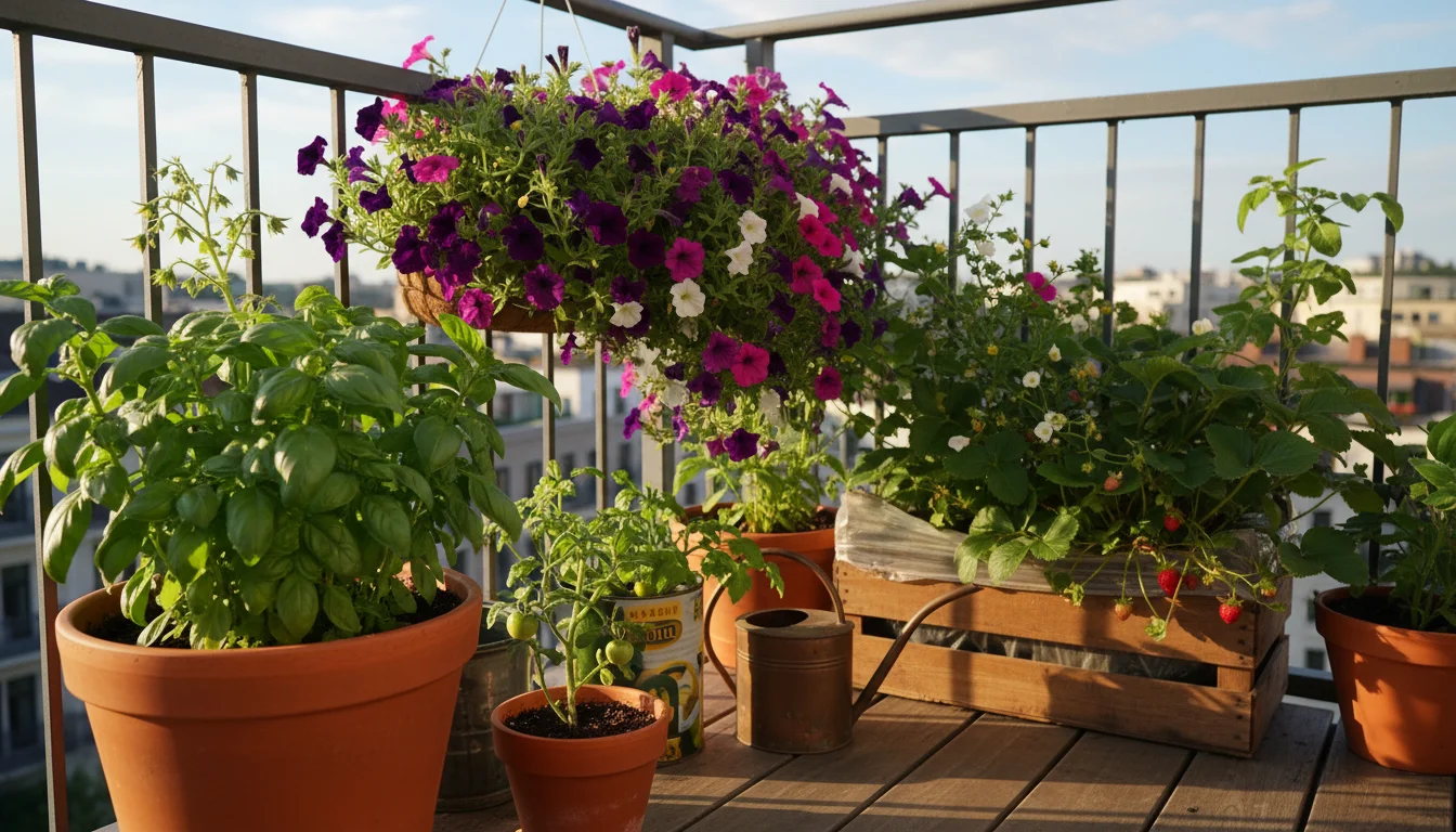 A vibrant close-up of diverse, healthy container plants like tomatoes, basil, petunias, and strawberries thriving on a sunny balcony.