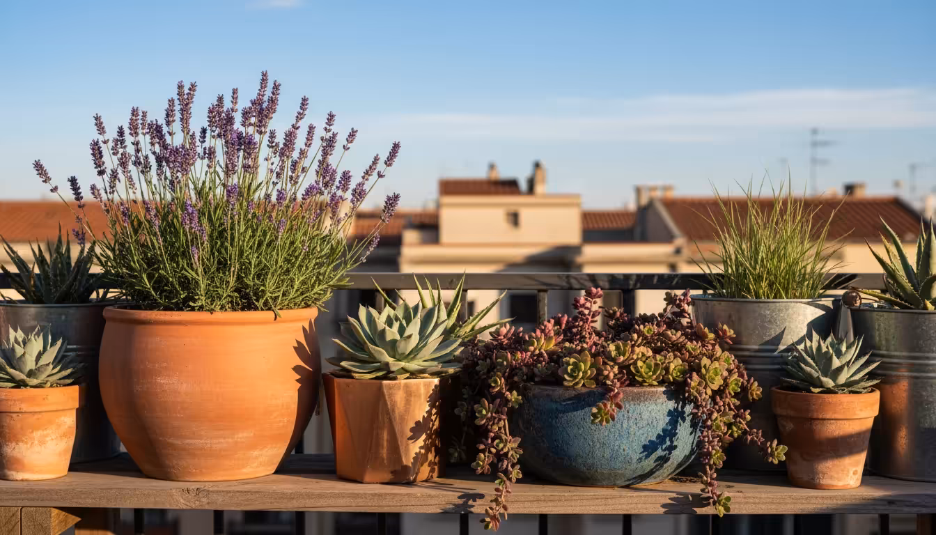Vibrant drought-tolerant plants like lavender, sedum, and succulents in various pots on a sunny urban balcony shelf.