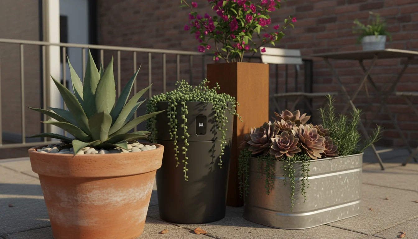Vibrant drought-tolerant plants thrive in various containers, including mulched terracotta and a modern self-watering planter, on an urban patio.