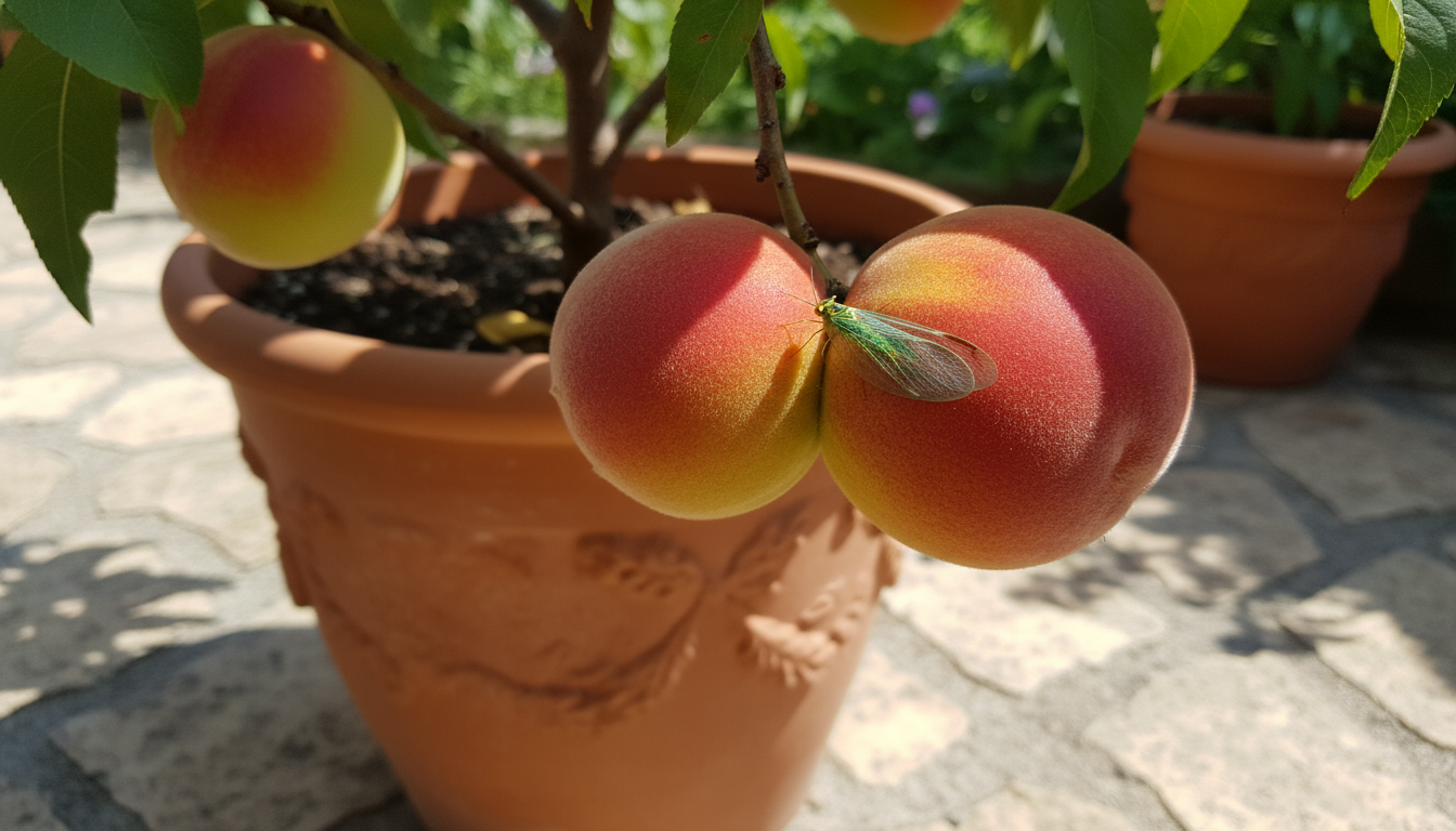 A dwarf lemon tree in a terracotta pot on a wooden stool near a bright south-facing window, with a pebble tray, illustrating indoor winter care.