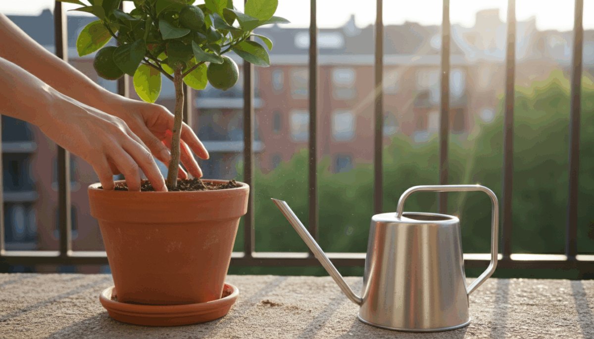 A dwarf Meyer lemon tree, laden with ripe yellow lemons and white blossoms, in a terracotta pot on a sunny urban balcony.