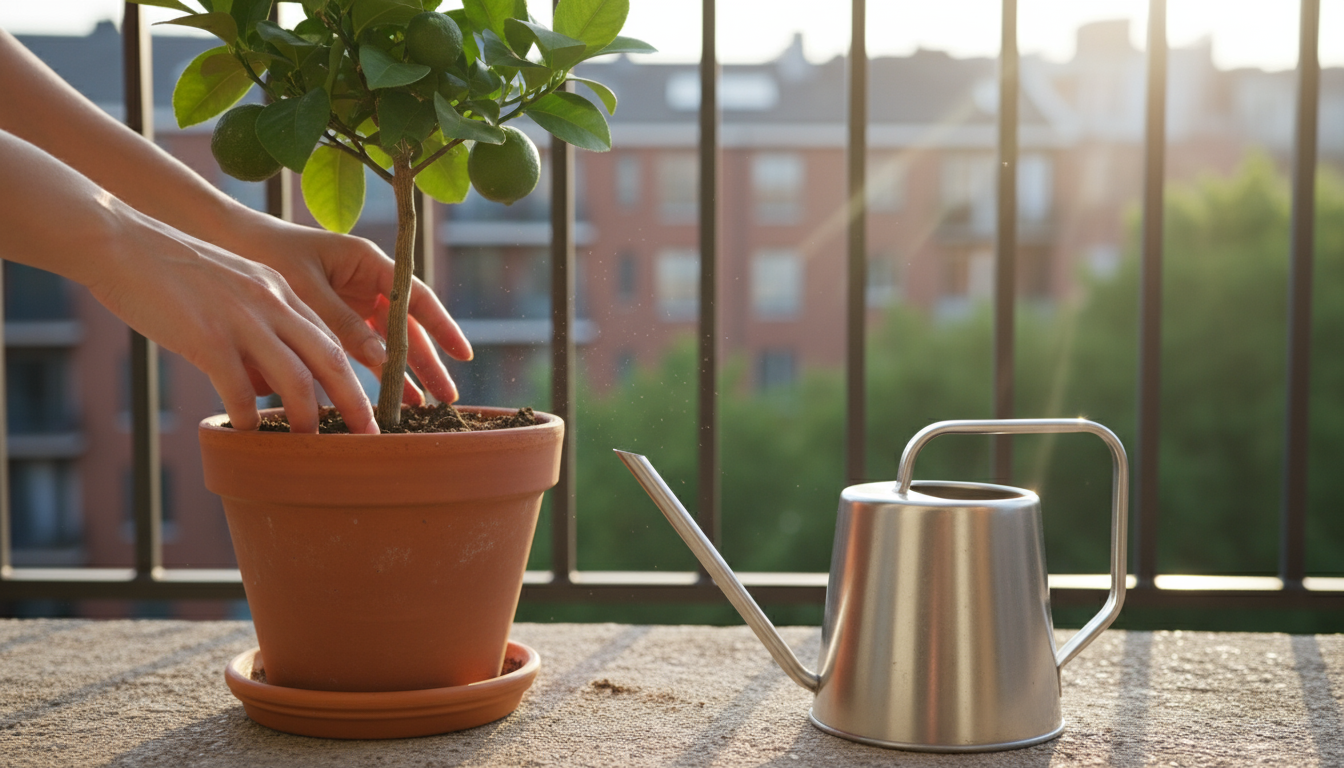 A dwarf Meyer lemon tree, laden with ripe yellow lemons and white blossoms, in a terracotta pot on a sunny urban balcony.