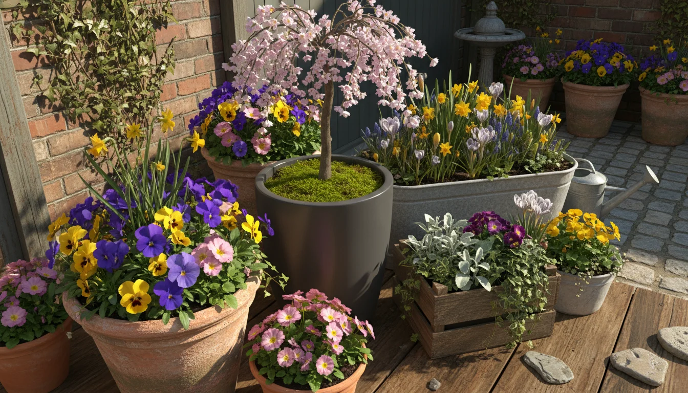 Vibrant early spring container garden on a patio. Pansies, violas, primroses, conifer, heuchera, kale in diverse pots.