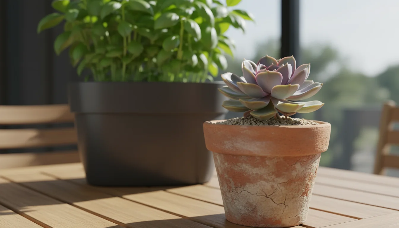 Vibrant Echeveria succulent in a dry terracotta pot on a sunny patio table, with a blurred self-watering planter of basil behind it.