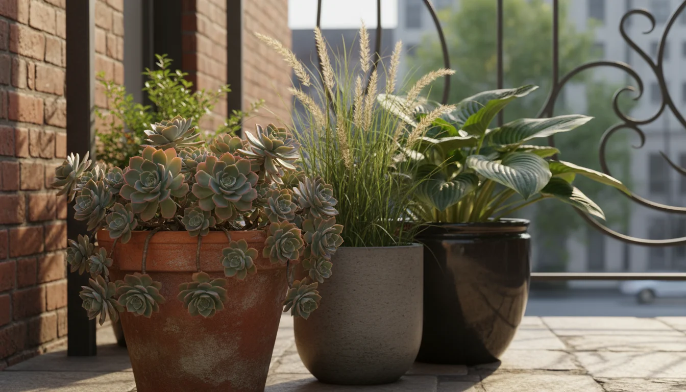 A vibrant Echeveria succulent, ornamental grass, and lush hosta in various pots on an urban patio, demonstrating low-maintenance plant selection.