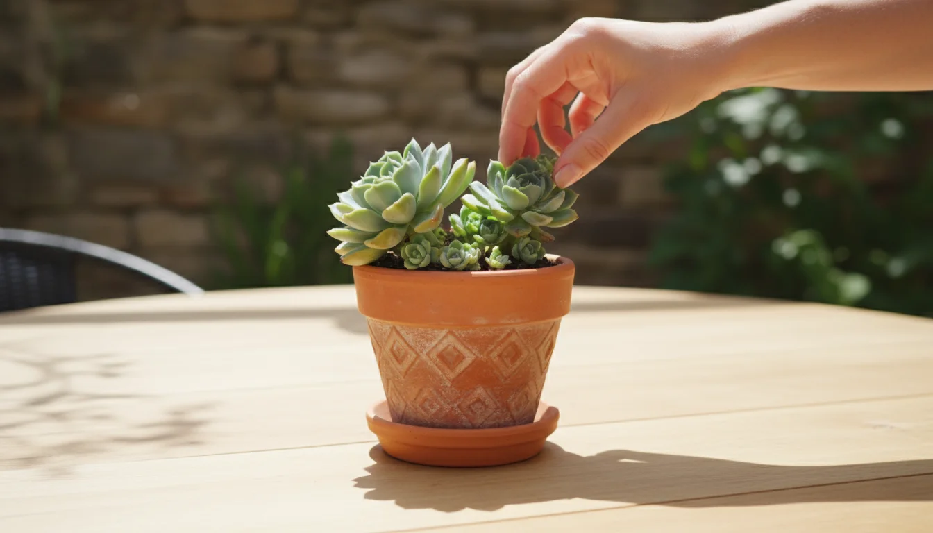 Eye-level close-up of a vibrant Echeveria succulent in a terracotta pot with multiple small 'pups' at its base, a hand gently reaching towards one.