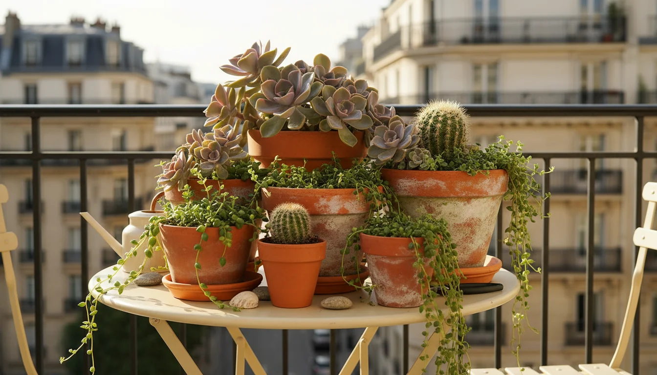 Vibrant Echeveria succulents, a small cactus, and trailing thyme thrive in varied terracotta pots on a sun-drenched urban balcony bistro table.
